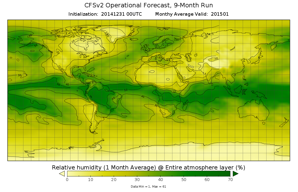 CFSv2 9-month run forecast of relative humidity (%) as 1-month average for entire atmosphere layer.
